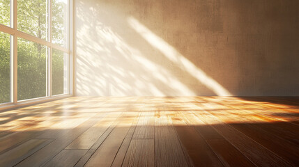 Sunlit 3D Render of a Cozy Living Room with Large Window and Wooden Flooring. Modern Interior Design Concept with Natural Light and Warm Ambiance