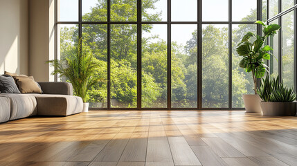 Sunlit 3D Render of a Cozy Living Room with Large Window and Wooden Flooring. Modern Interior Design Concept with Natural Light and Warm Ambiance
