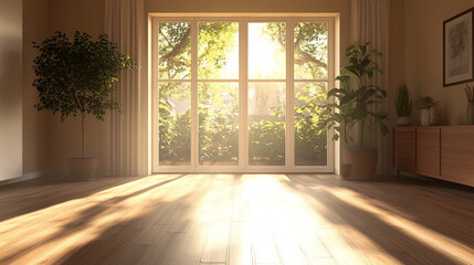 Sunlit 3D Render of a Cozy Living Room with Large Window and Wooden Flooring. Modern Interior Design Concept with Natural Light and Warm Ambiance