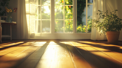 Sunlit 3D Render of a Cozy Living Room with Large Window and Wooden Flooring. Modern Interior Design Concept with Natural Light and Warm Ambiance