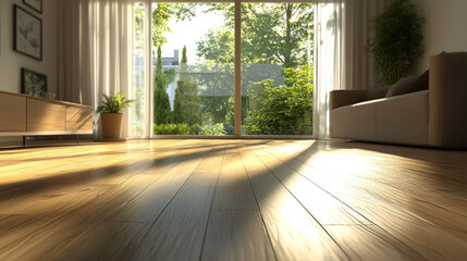 Sunlit 3D Render of a Cozy Living Room with Large Window and Wooden Flooring. Modern Interior Design Concept with Natural Light and Warm Ambiance