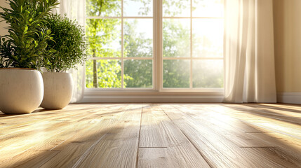 Sunlit 3D Render of a Cozy Living Room with Large Window and Wooden Flooring. Modern Interior Design Concept with Natural Light and Warm Ambiance