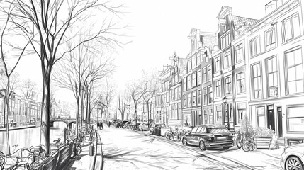 Obraz premium A charming black and white street scene featuring bicycles, waterways and stunning historic architecture in Amsterdam.