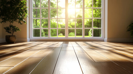 Sunlit 3D Render of a Cozy Living Room with Large Window and Wooden Flooring. Modern Interior Design Concept with Natural Light and Warm Ambiance