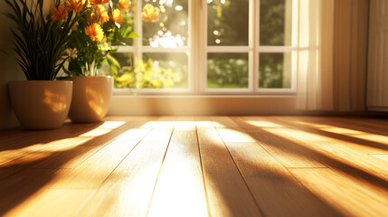 Sunlit 3D Render of a Cozy Living Room with Large Window and Wooden Flooring. Modern Interior Design Concept with Natural Light and Warm Ambiance