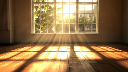 Sunlit 3D Render of a Cozy Living Room with Large Window and Wooden Flooring. Modern Interior Design Concept with Natural Light and Warm Ambiance