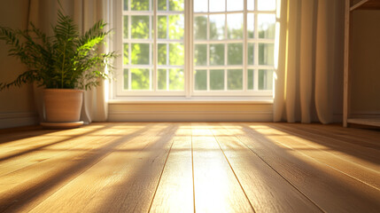 Sunlit 3D Render of a Cozy Living Room with Large Window and Wooden Flooring. Modern Interior Design Concept with Natural Light and Warm Ambiance