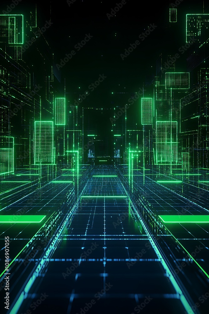 Poster futuristic digital landscape with neon green grids and data structures in abstract cyber space, show