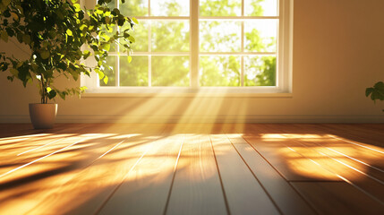 Sunlit 3D Render of a Cozy Living Room with Large Window and Wooden Flooring. Modern Interior Design Concept with Natural Light and Warm Ambiance