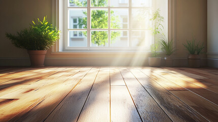 Sunlit 3D Render of a Cozy Living Room with Large Window and Wooden Flooring. Modern Interior Design Concept with Natural Light and Warm Ambiance
