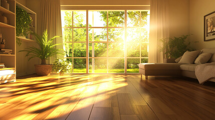 Sunlit 3D Render of a Cozy Living Room with Large Window and Wooden Flooring. Modern Interior Design Concept with Natural Light and Warm Ambiance