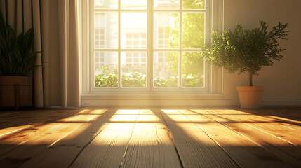 Sunlit 3D Render of a Cozy Living Room with Large Window and Wooden Flooring. Modern Interior Design Concept with Natural Light and Warm Ambiance