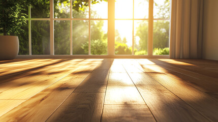 Sunlit 3D Render of a Cozy Living Room with Large Window and Wooden Flooring. Modern Interior Design Concept with Natural Light and Warm Ambiance