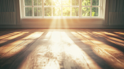Sunlit 3D Render of a Cozy Living Room with Large Window and Wooden Flooring. Modern Interior Design Concept with Natural Light and Warm Ambiance