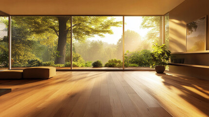 Sunlit 3D Render of a Cozy Living Room with Large Window and Wooden Flooring. Modern Interior Design Concept with Natural Light and Warm Ambiance