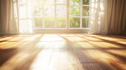 Sunlit 3D Render of a Cozy Living Room with Large Window and Wooden Flooring. Modern Interior Design Concept with Natural Light and Warm Ambiance