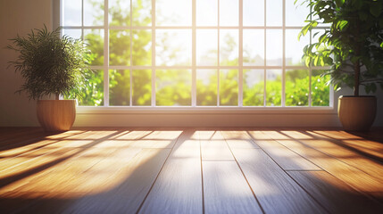 Sunlit 3D Render of a Cozy Living Room with Large Window and Wooden Flooring. Modern Interior Design Concept with Natural Light and Warm Ambiance