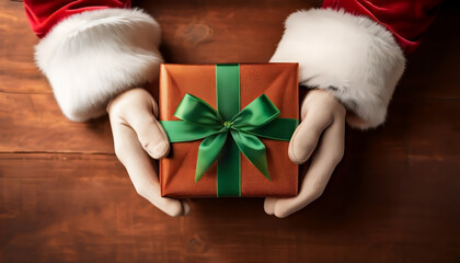 Santa Claus hands holding a beautifully wrapped green gift box with a red ribbon against a festive red background for Christmas celebration
