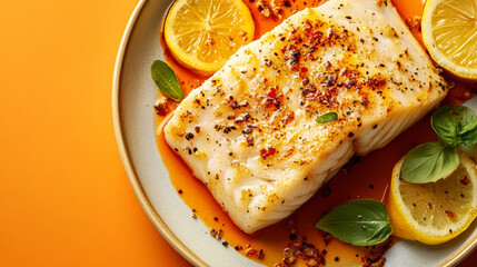 Delicious baked cod with lemon yummy grilled meat fried seafood sauce fresh mediterranean orange background. food photography advertising fashion restaurant cuisine gourmet wallpaper