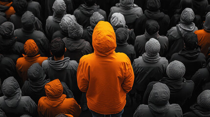 Man in yellow standing out from the crowd