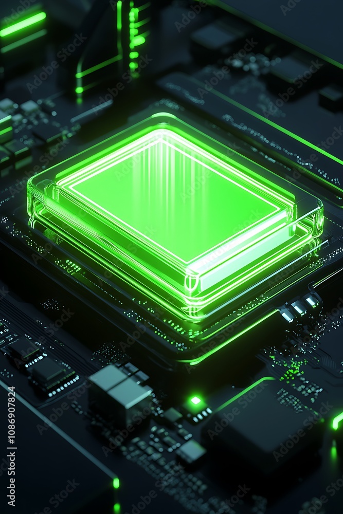 Poster futuristic green circuit board with glowing processor chip displaying an innovative and advanced tec