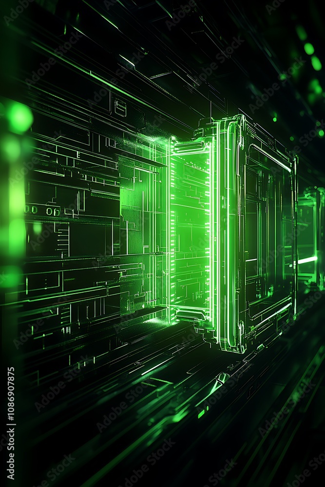 Poster futuristic green data corridor with glowing circuitry and digital elements, representing advanced te