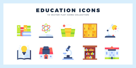 10 Education Flat icons pack. vector illustration.