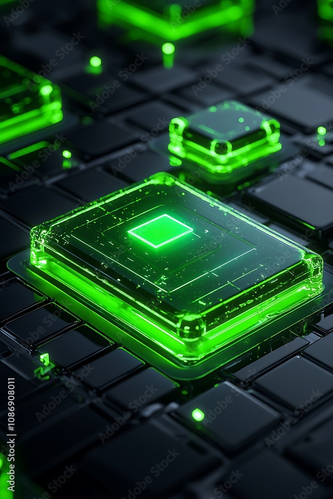 Poster futuristic green technology with transparent circuit boards illuminating a dark keyboard, representi