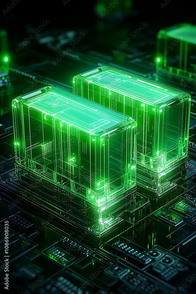 Poster futuristic green transparent technology blocks on a digital circuit board background representing in