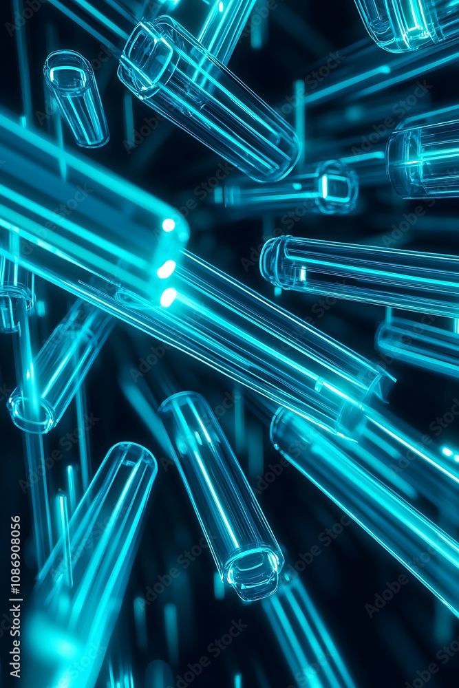 Poster futuristic lab scene with floating test tubes and neon blue glow, perfect for science and technology