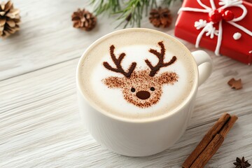 Festive latte art featuring a reindeer face, perfect for holiday celebrations and cozy coffee moments.