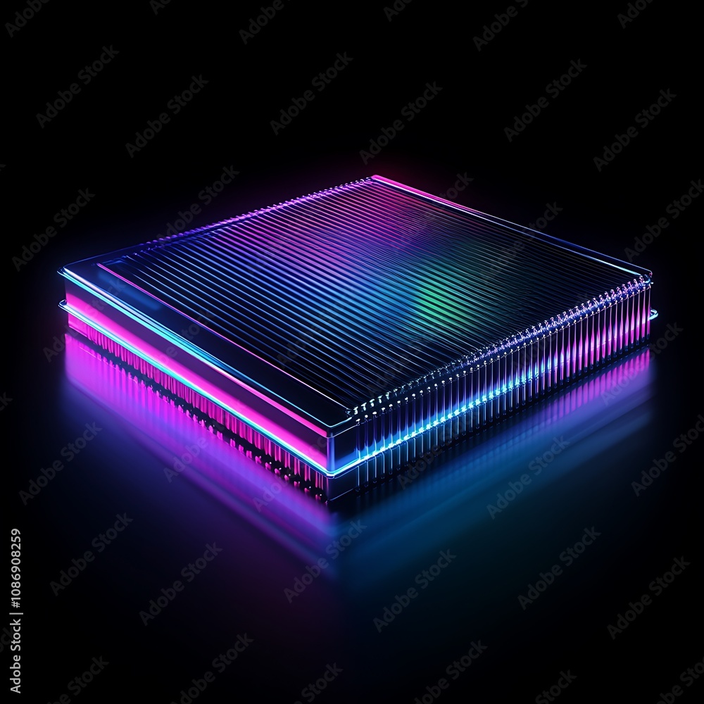 Poster futuristic microchip with neon lights on a black background showcasing technological advancement and