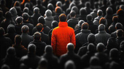 Man in yellow standing out from the crowd