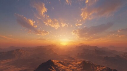 Naklejka premium A serene depiction of a mountain range bathed in soft pastel hues at dawn, showcasing the beauty of nature under the glowing morning sky with a rising sun. 