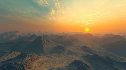 A serene depiction of a mountain range bathed in soft pastel hues at dawn, showcasing the beauty of nature under the glowing morning sky with a rising sun.
