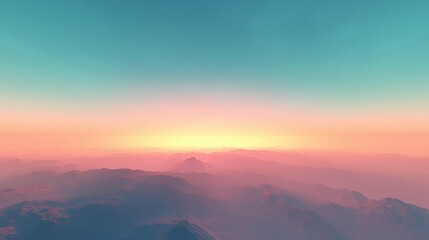 Obraz premium A serene depiction of a mountain range bathed in soft pastel hues at dawn, showcasing the beauty of nature under the glowing morning sky with a rising sun. 