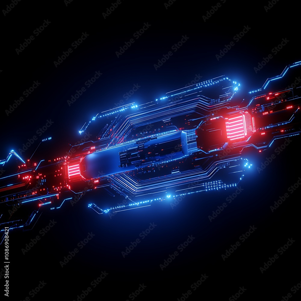 Poster futuristic neon circuit board design with blue and red lights, high-tech abstract pattern for digita