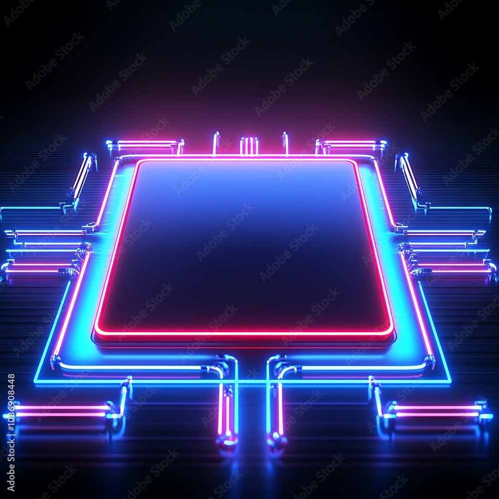 Poster futuristic neon circuit board design with glowing lines and blank central area for technology concep