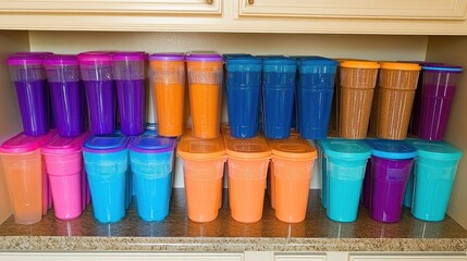 Organized Colorful Food Storage Containers in a Kitchen Cabinet
