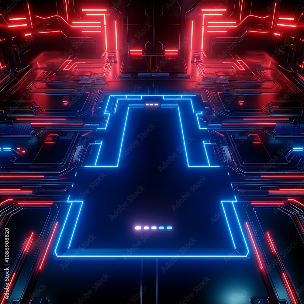 Poster futuristic neon circuitry with glowing lines and geometric patterns on a dark background for sci-fi 