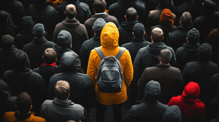 Man in yellow standing out from the crowd