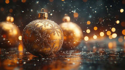 Fototapeta premium Glittering Golden Baubles with Bokeh Lights