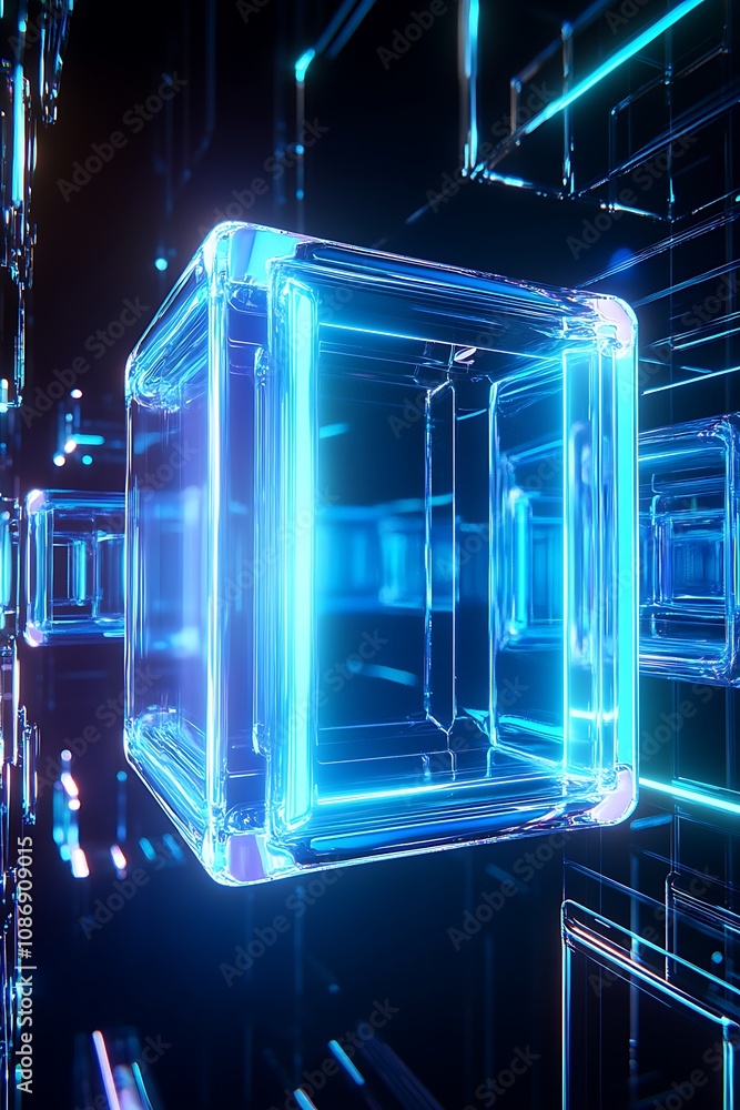 Poster futuristic neon cube surrounded by glowing lines in an abstract 3d digital space, illuminating high-