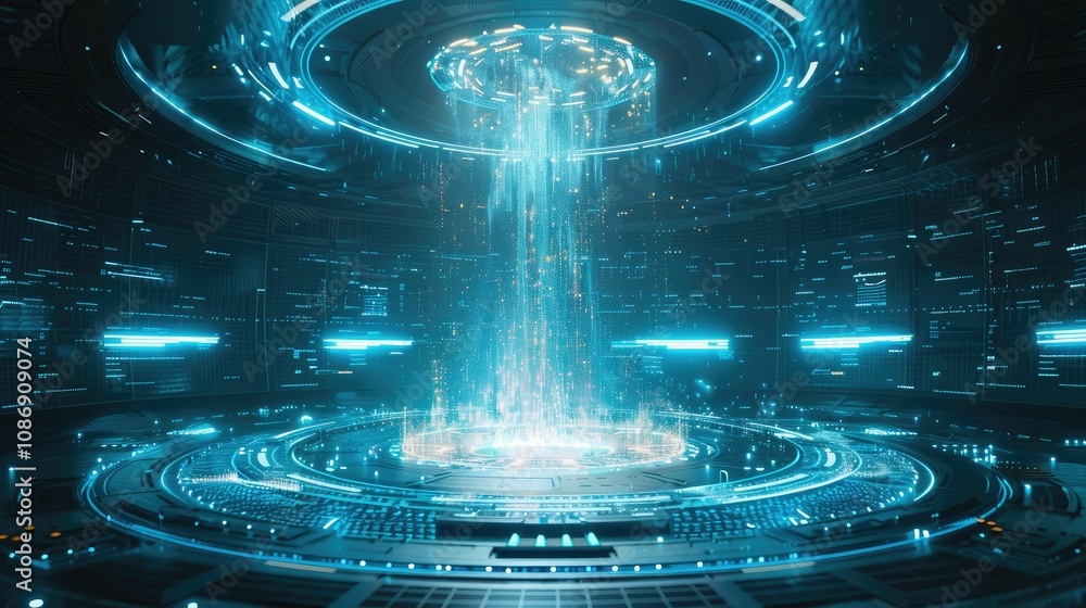 Poster futuristic holographic interface with floating particles