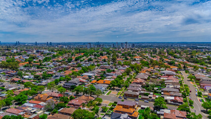 Panoramic aerial drone view of western Sydney Suburbs of Canterbury Burwood Ashfield Marrickville...