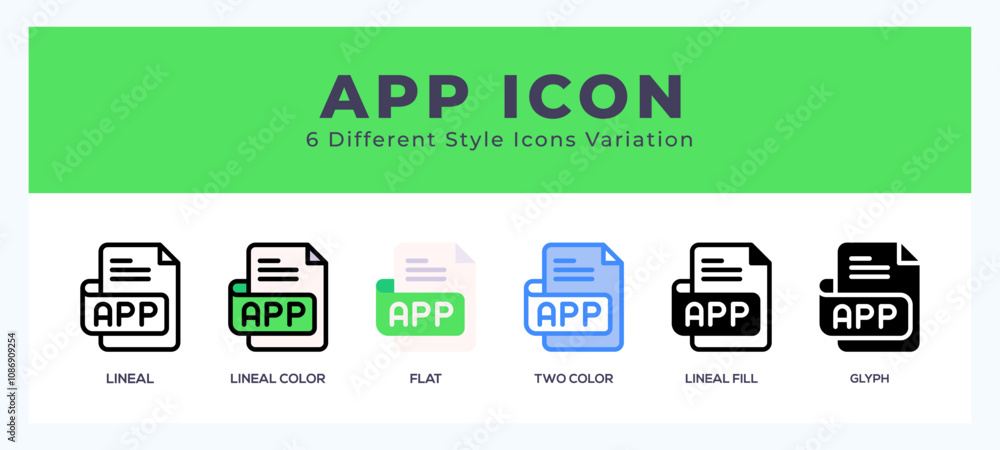 Aufkleber app file icon set with different styles. icons designed in filled. outline. flat. glyph and line col
