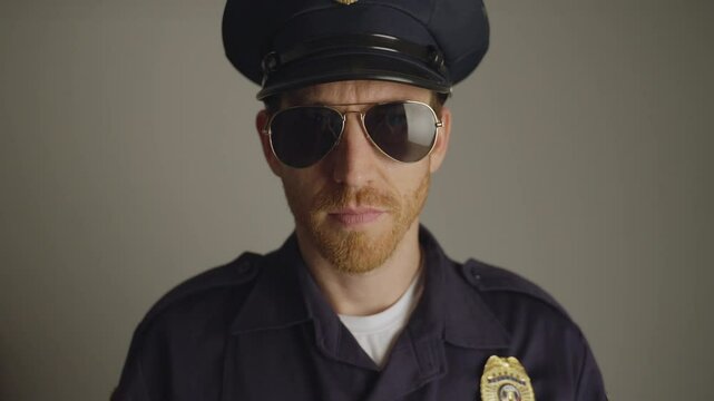 Funny policeman portrait looking at camera taking his sunglasses off and winks. Fun gesture. Clean solid background medium shot of cop with blue uniform. Joking handsome man flirting face and smile