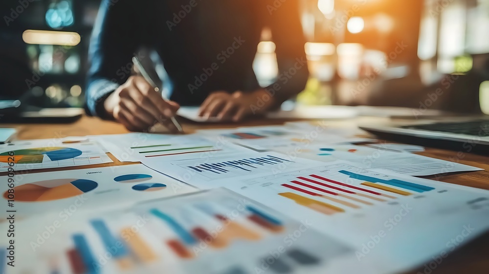 Poster blurred image of person analyzing colorful financial charts and graphs