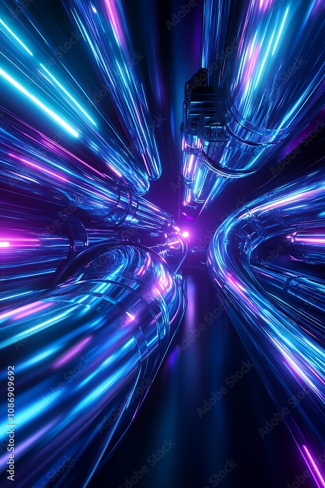 Poster futuristic neon pipeline with radiant lights in a dark environment, creating a dazzling visual exper