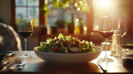 A healthy salad surrounded by fresh vegetables
